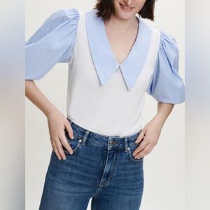Maje Blue and White Puff Sleeve collared Blouse Size 1